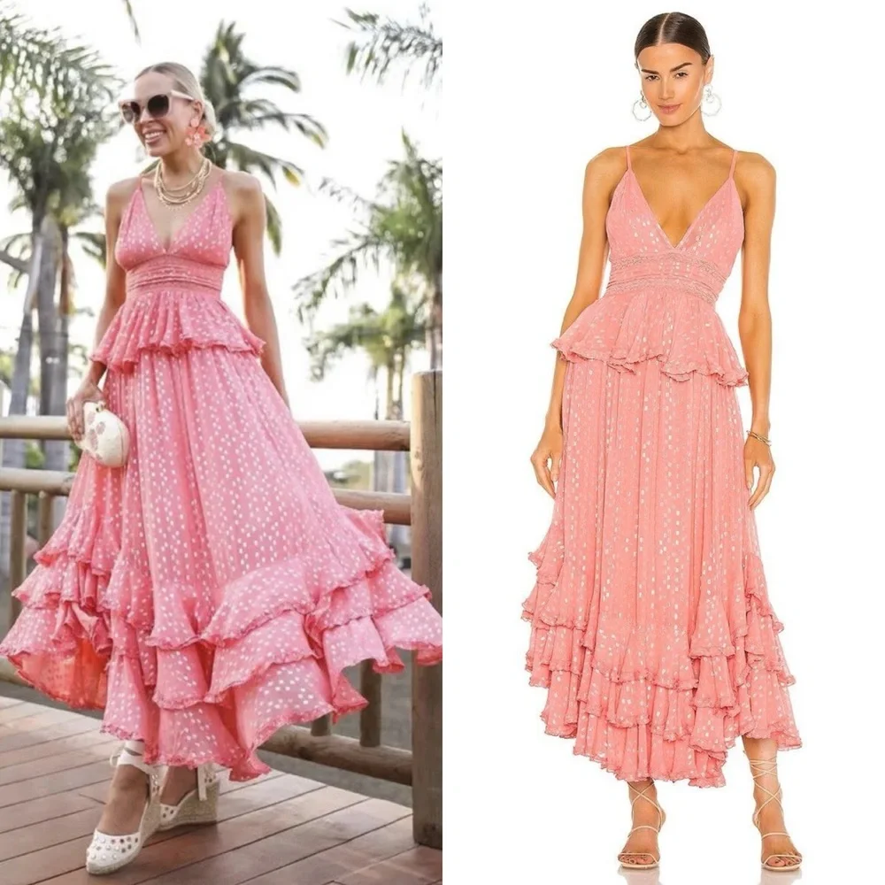 NWT Rococo Sand Aria Ruffle Metallic Maxi Dress Peach - Picture 2 of 10